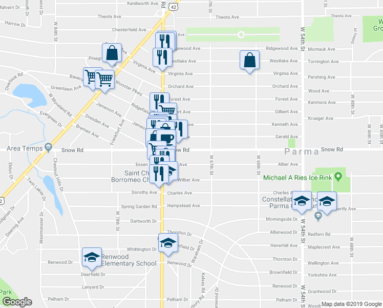 map of restaurants, bars, coffee shops, grocery stores, and more near 6907 Snow Road in Parma