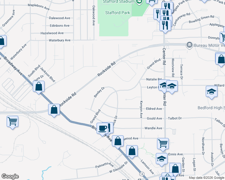 map of restaurants, bars, coffee shops, grocery stores, and more near 149 Grand Blvd in Bedford