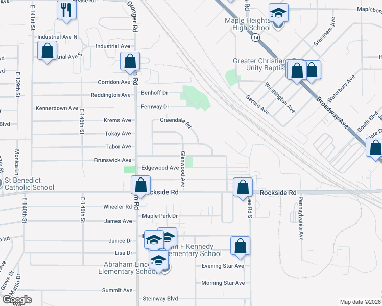 map of restaurants, bars, coffee shops, grocery stores, and more near 15713 Northwood Avenue in Maple Heights