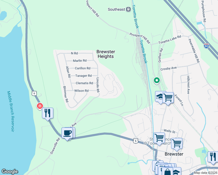 map of restaurants, bars, coffee shops, grocery stores, and more near 1208 Eagles Ridge Road in Brewster