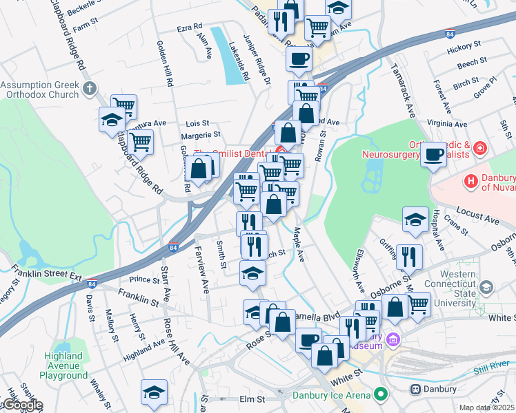 map of restaurants, bars, coffee shops, grocery stores, and more near 8 Thorpe Street in Danbury