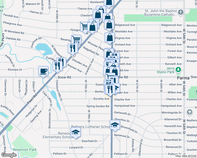 map of restaurants, bars, coffee shops, grocery stores, and more near 7515 Snow Road in Parma