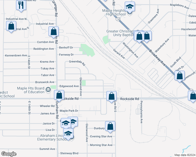 map of restaurants, bars, coffee shops, grocery stores, and more near 16005 Northwood Avenue in Maple Heights