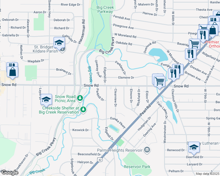 map of restaurants, bars, coffee shops, grocery stores, and more near 9705 Snow Road in Parma Heights