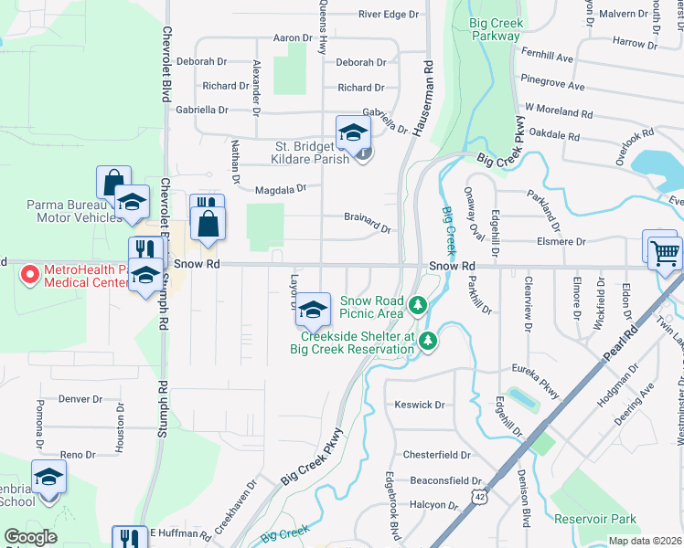 map of restaurants, bars, coffee shops, grocery stores, and more near 10605 Snow Road in Parma Heights