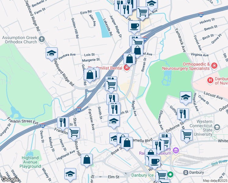 map of restaurants, bars, coffee shops, grocery stores, and more near 425 Connecticut 39 in Danbury