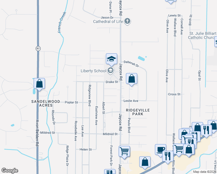 map of restaurants, bars, coffee shops, grocery stores, and more near 35134 Spruce Street in North Ridgeville