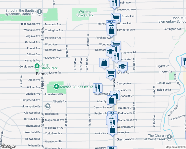 map of restaurants, bars, coffee shops, grocery stores, and more near 4215 Snow Road in Parma