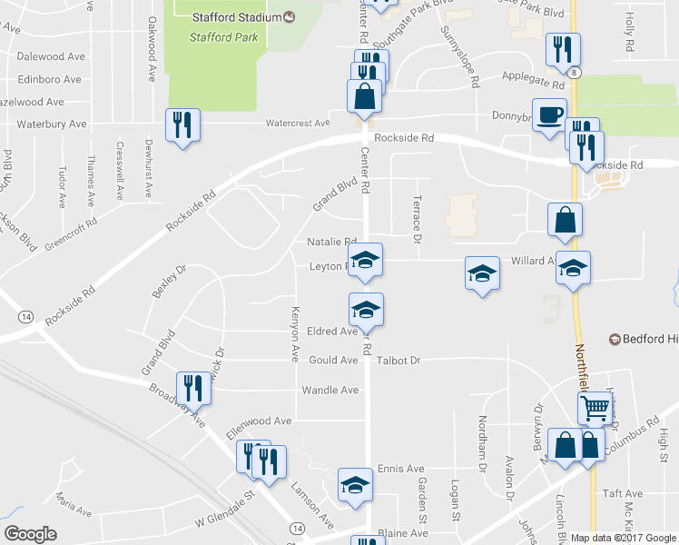 map of restaurants, bars, coffee shops, grocery stores, and more near 26 Leyton Road in Bedford