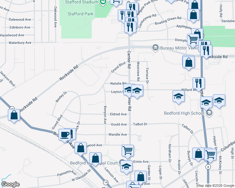 map of restaurants, bars, coffee shops, grocery stores, and more near 26 Leyton Road in Bedford