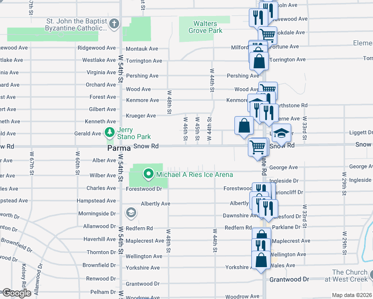 map of restaurants, bars, coffee shops, grocery stores, and more near 4523 Snow Road in Parma