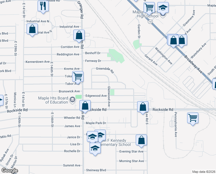 map of restaurants, bars, coffee shops, grocery stores, and more near 15613 Northwood Ave in Maple Heights