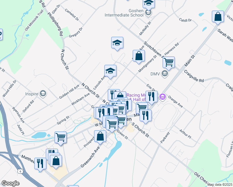 map of restaurants, bars, coffee shops, grocery stores, and more near 41 Montgomery Street in Goshen