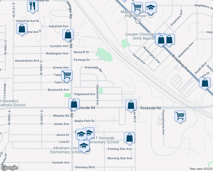 map of restaurants, bars, coffee shops, grocery stores, and more near 15813 Northwood Ave in Maple Heights