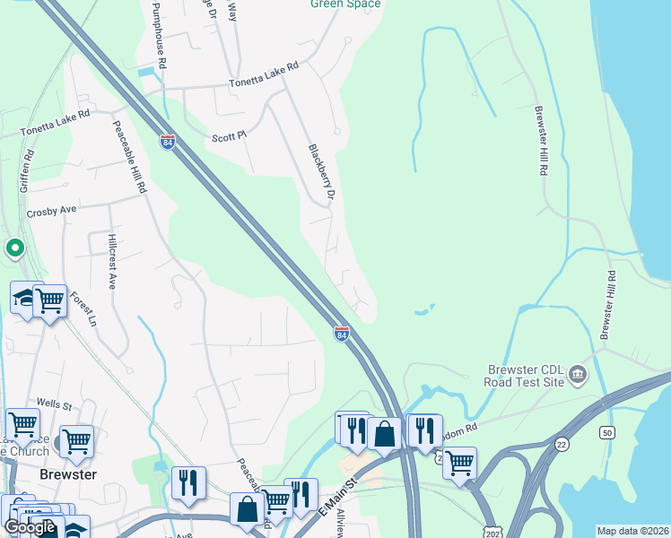 map of restaurants, bars, coffee shops, grocery stores, and more near 1104 Village Drive in Brewster