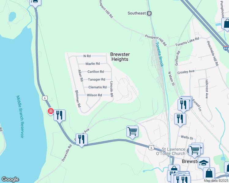 map of restaurants, bars, coffee shops, grocery stores, and more near 1 Lincoln Road in Brewster