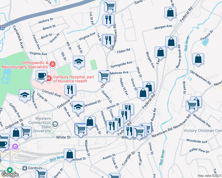 map of restaurants, bars, coffee shops, grocery stores, and more near 19 Somers Street in Danbury