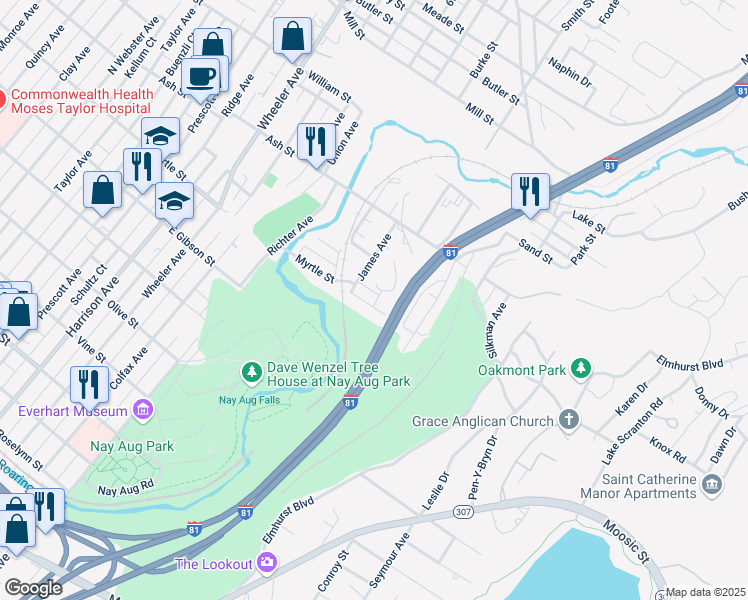 map of restaurants, bars, coffee shops, grocery stores, and more near 2118 Myrtle Street in Scranton