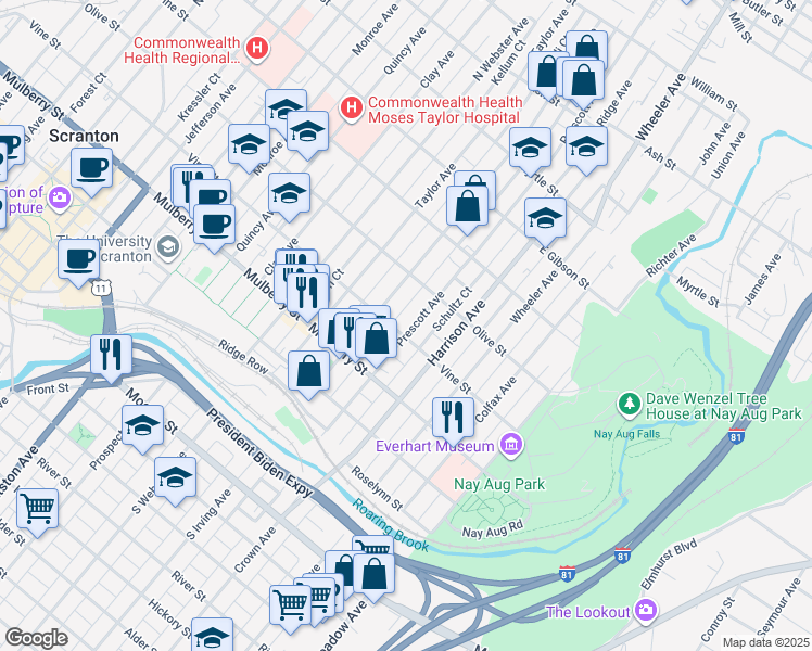 map of restaurants, bars, coffee shops, grocery stores, and more near 508 Prescott Avenue in Scranton