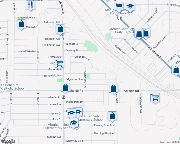 map of restaurants, bars, coffee shops, grocery stores, and more near 15813 Northwood Avenue in Maple Heights