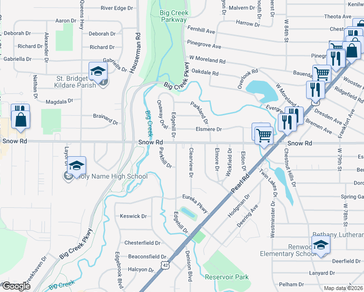 map of restaurants, bars, coffee shops, grocery stores, and more near 9705 Snow Road in Parma Heights