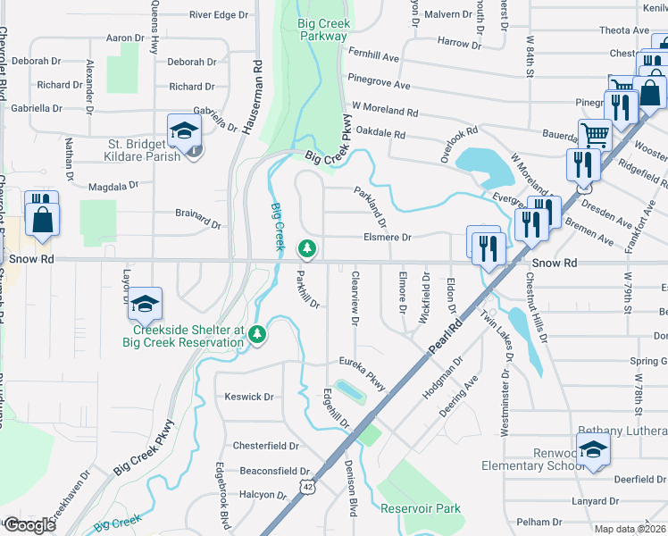 map of restaurants, bars, coffee shops, grocery stores, and more near 9705 Snow Road in Parma Heights