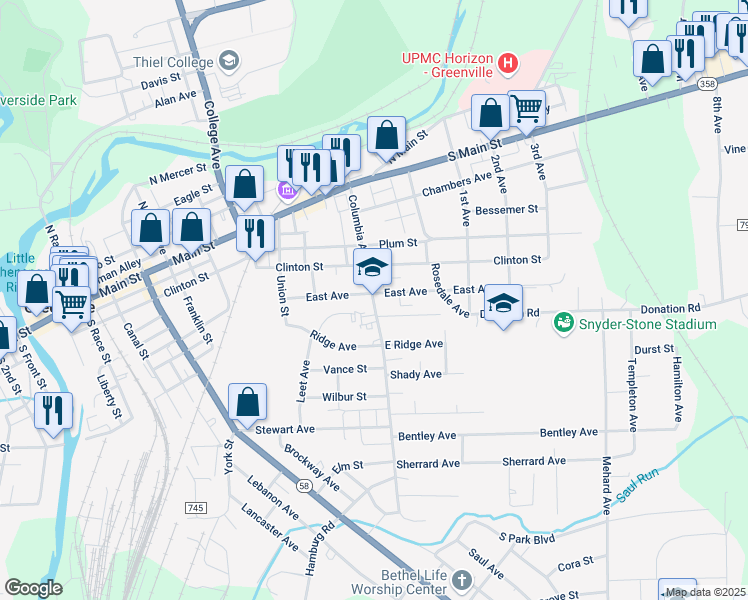 map of restaurants, bars, coffee shops, grocery stores, and more near 71 Columbia Avenue in Greenville