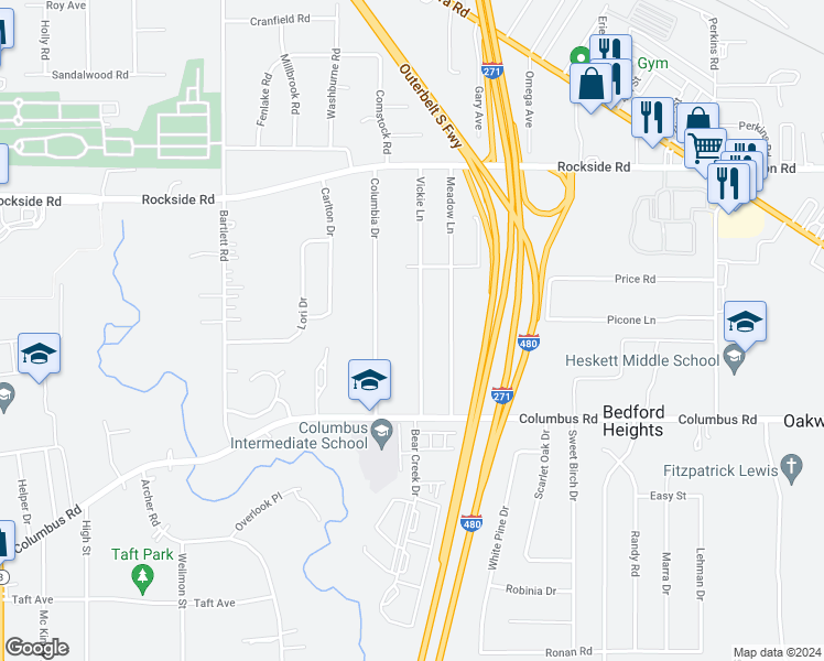 map of restaurants, bars, coffee shops, grocery stores, and more near 5678 Vickie Lane in Bedford Heights