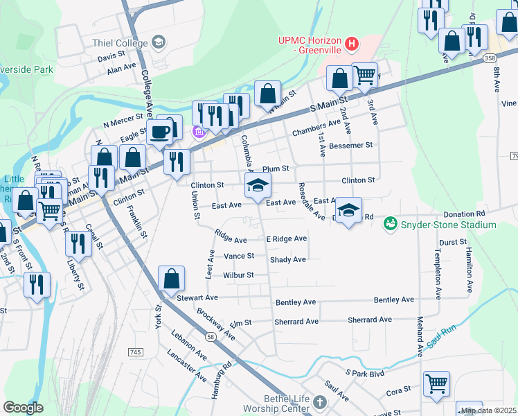 map of restaurants, bars, coffee shops, grocery stores, and more near 71 Columbia Avenue in Greenville