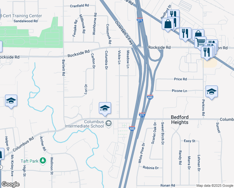 map of restaurants, bars, coffee shops, grocery stores, and more near 5683 Vickie Lane in Bedford Heights