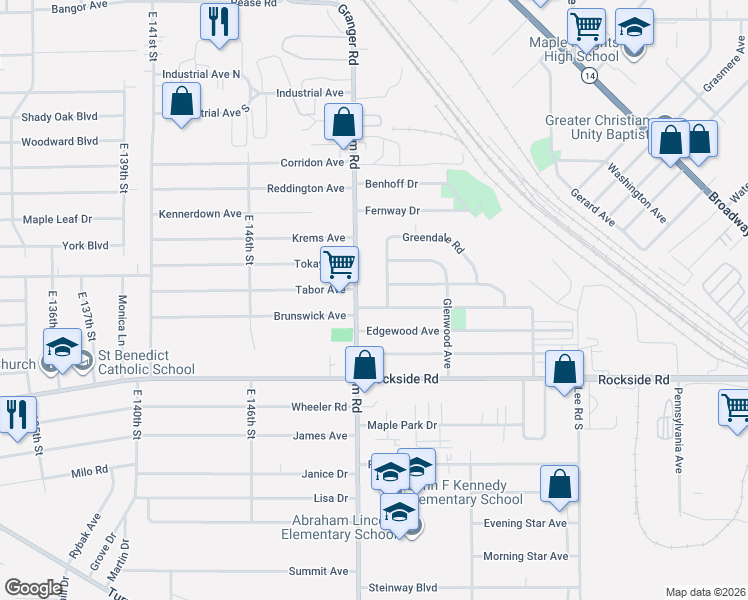 map of restaurants, bars, coffee shops, grocery stores, and more near 15301 Northwood Ave in Maple Heights