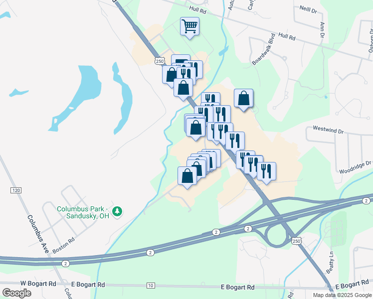 map of restaurants, bars, coffee shops, grocery stores, and more near 815 Crossings Road in Sandusky