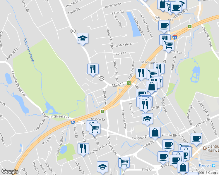 map of restaurants, bars, coffee shops, grocery stores, and more near 472 Cowperthwaite Street in Danbury