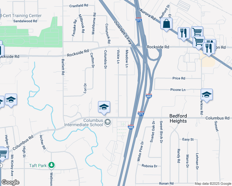map of restaurants, bars, coffee shops, grocery stores, and more near 5678 Vickie Lane in Bedford Heights
