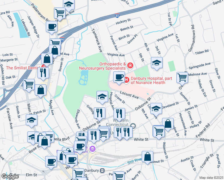 map of restaurants, bars, coffee shops, grocery stores, and more near 24 Hospital Avenue in Danbury