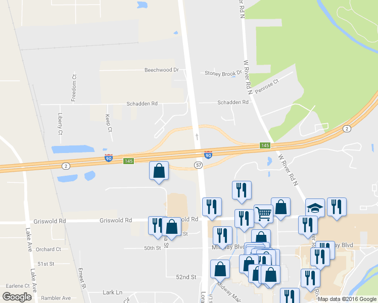 map of restaurants, bars, coffee shops, grocery stores, and more near Highway 2 in Elyria