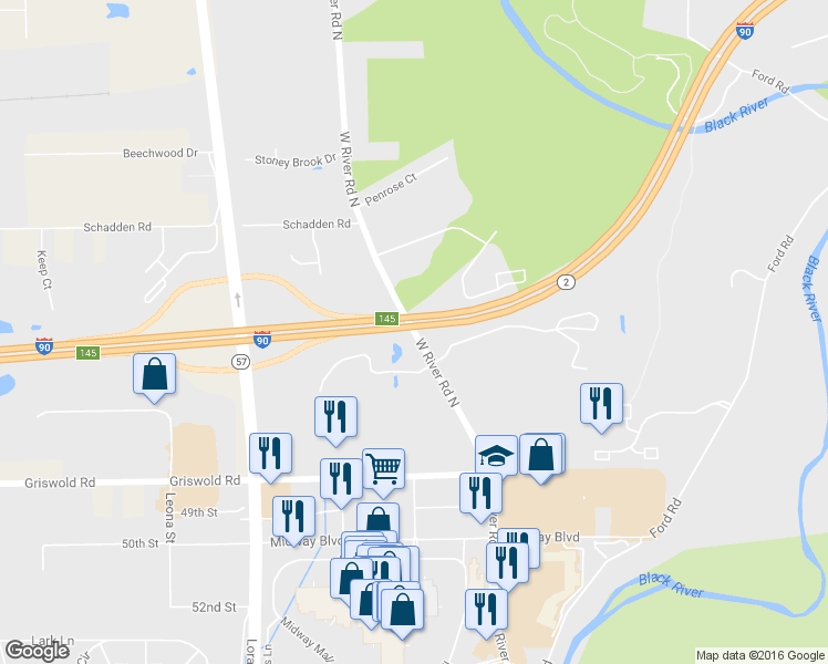 map of restaurants, bars, coffee shops, grocery stores, and more near 2306 West River Road North in Elyria