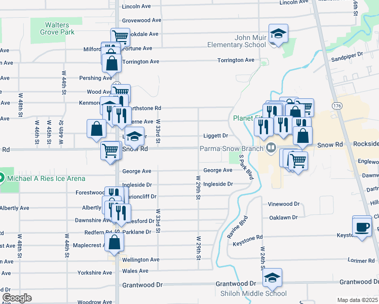 map of restaurants, bars, coffee shops, grocery stores, and more near 2915 Snow Road in Parma