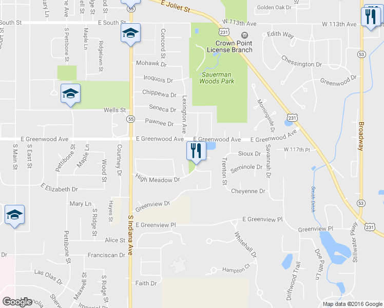 map of restaurants, bars, coffee shops, grocery stores, and more near 721 Saratoga Street in Crown Point