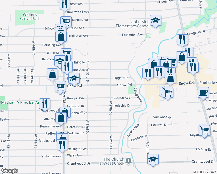 map of restaurants, bars, coffee shops, grocery stores, and more near 5801 West 29th Street in Parma