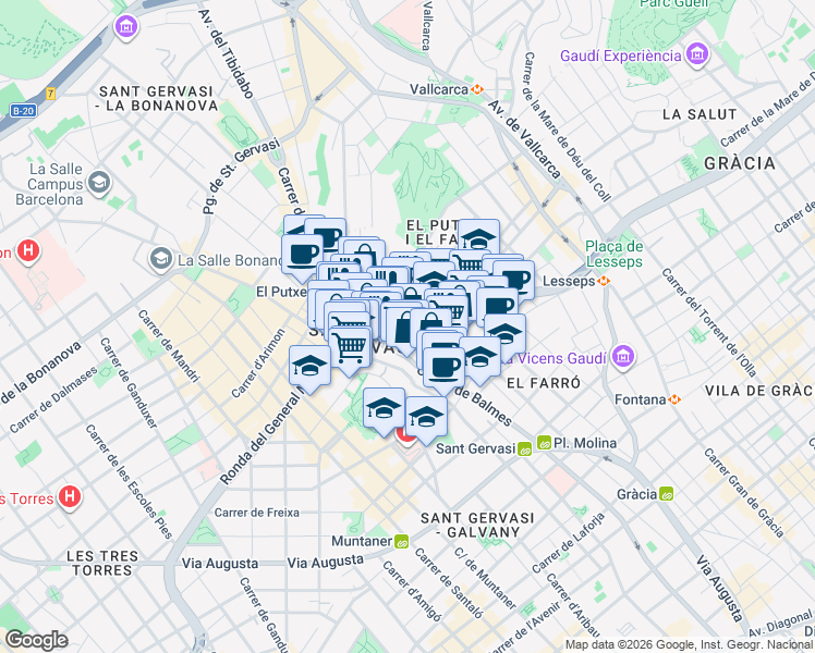 map of restaurants, bars, coffee shops, grocery stores, and more near 174 Ronda del General Mitre in Barcelona