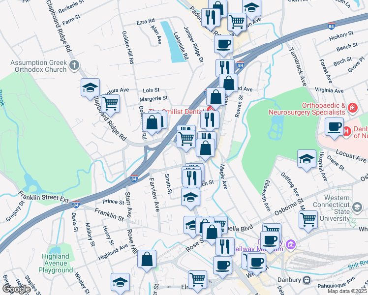 map of restaurants, bars, coffee shops, grocery stores, and more near 425 Connecticut 39 in Danbury