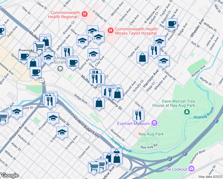 map of restaurants, bars, coffee shops, grocery stores, and more near 405 North Irving Avenue in Scranton