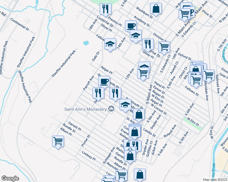 map of restaurants, bars, coffee shops, grocery stores, and more near 1330 Bryn Mawr Street in Scranton