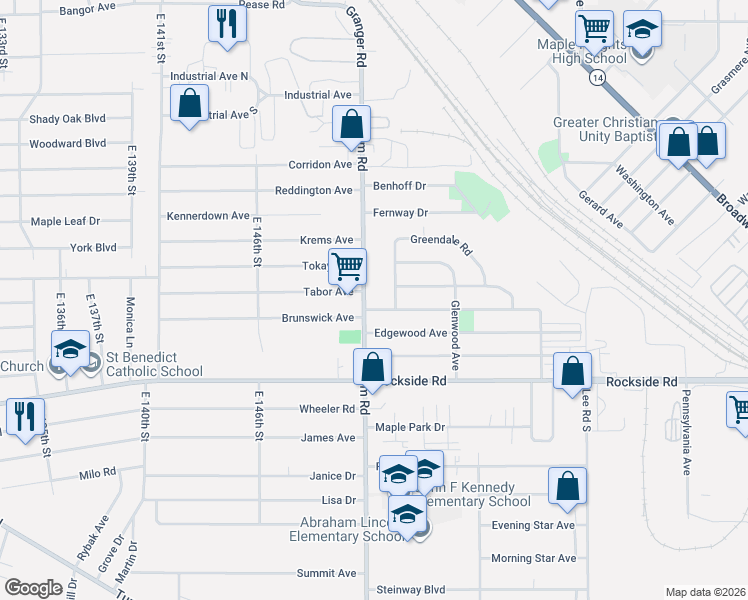 map of restaurants, bars, coffee shops, grocery stores, and more near 15301 Northwood Avenue in Maple Heights