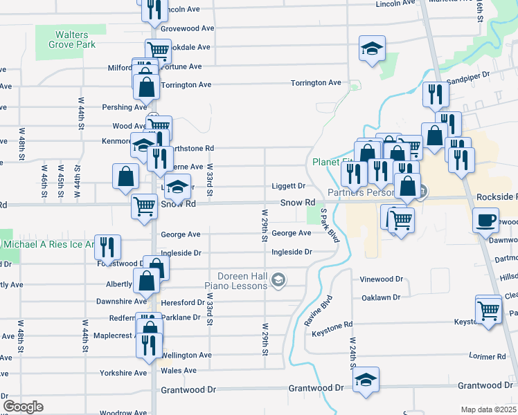 map of restaurants, bars, coffee shops, grocery stores, and more near 5801 West 29th Street in Parma