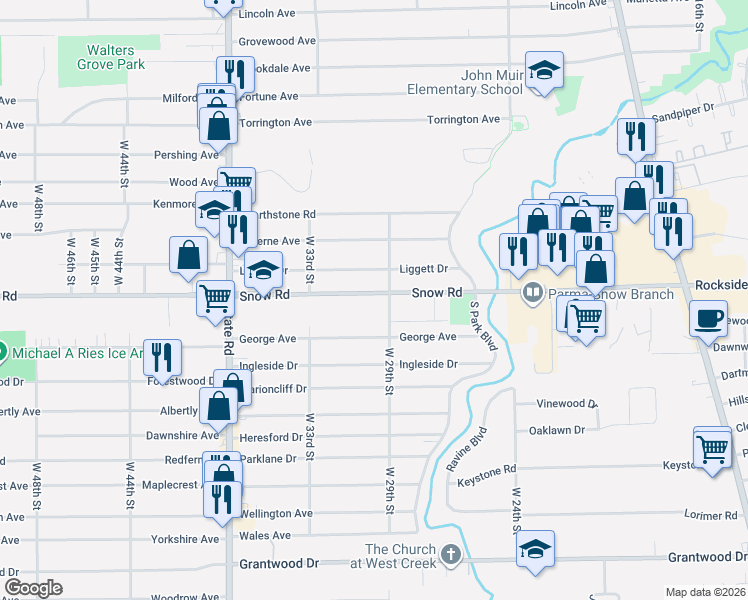 map of restaurants, bars, coffee shops, grocery stores, and more near 5801 West 29th Street in Parma