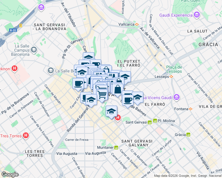 map of restaurants, bars, coffee shops, grocery stores, and more near 174 Ronda del General Mitre in Barcelona