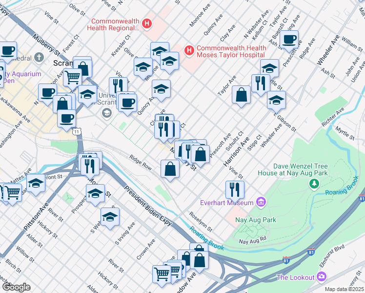 map of restaurants, bars, coffee shops, grocery stores, and more near 420 Taylor Avenue in Scranton