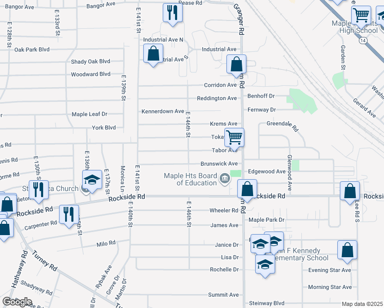 map of restaurants, bars, coffee shops, grocery stores, and more near 14604 Tabor Avenue in Maple Heights